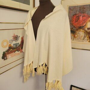 Vintage 70's  Wool Blend Shawl with Tassles in Cream